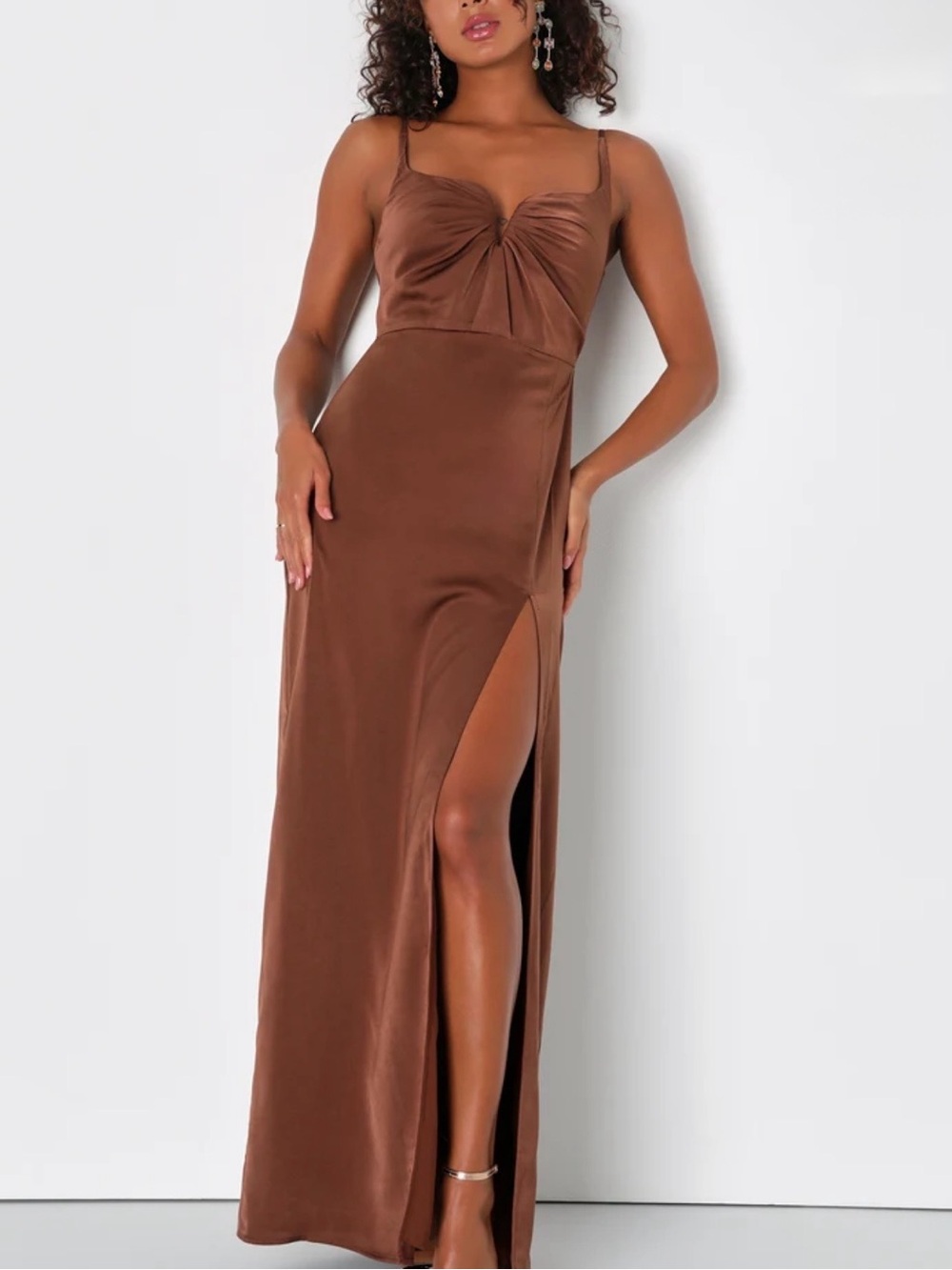 Lulus Lovely Drama Brown Satin Sleeveless A-Line Maxi Dress - Size Medium